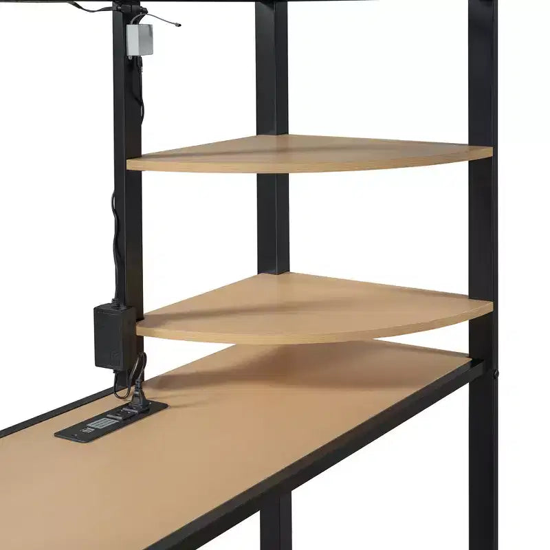 Letto a soppalco in metallo con armadio, scrivania, scaffali, presa di corrente e luce a LED