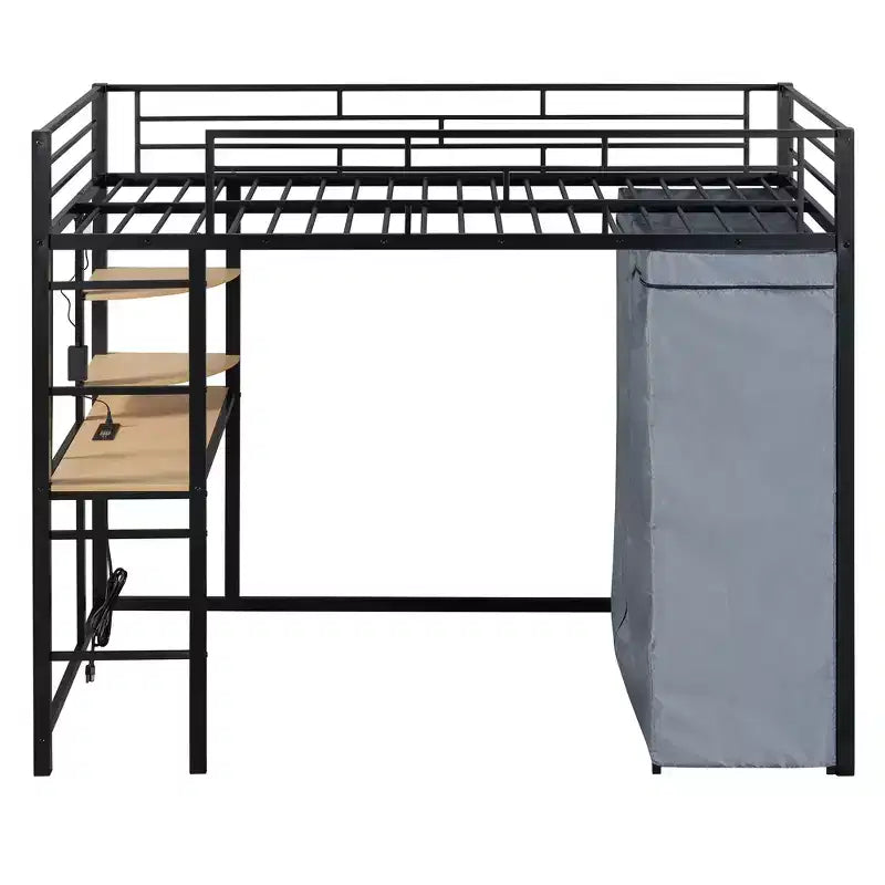 Letto a soppalco in metallo con armadio, scrivania, scaffali, presa di corrente e luce a LED