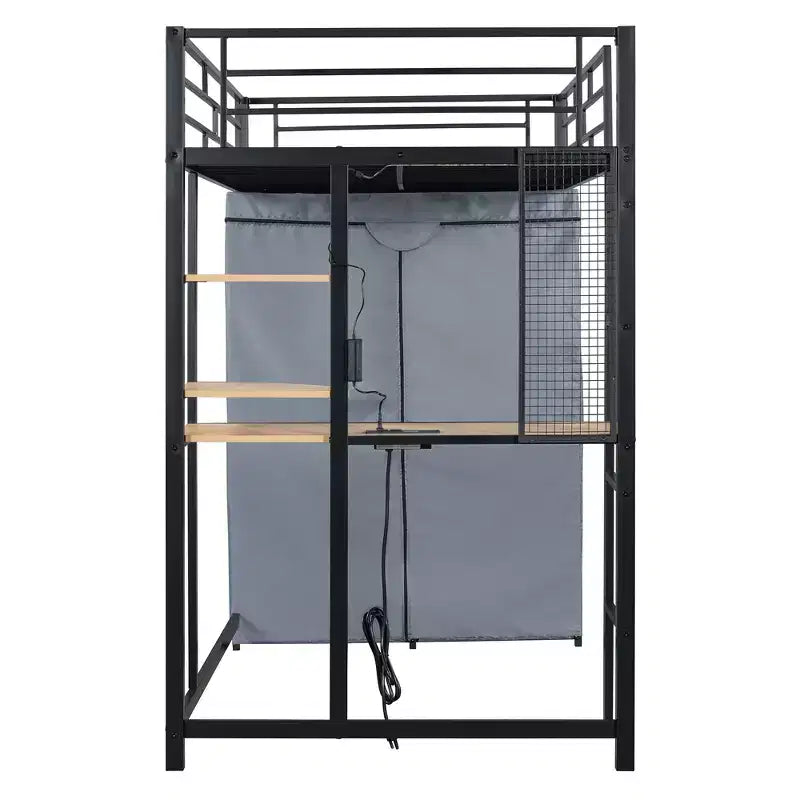 Letto a soppalco in metallo con armadio, scrivania, scaffali, presa di corrente e luce a LED