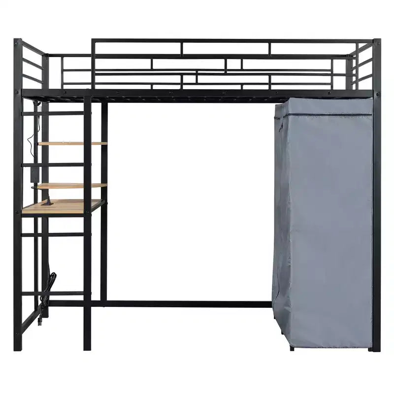 Letto a soppalco in metallo con armadio, scrivania, scaffali, presa di corrente e luce a LED