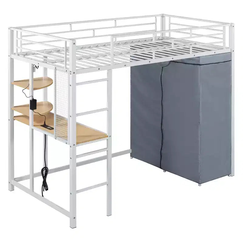 Letto a soppalco in metallo con armadio, scrivania, scaffali, presa di corrente e luce a LED