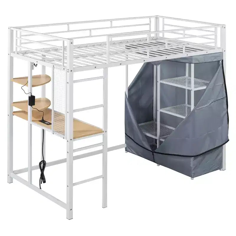 Letto a soppalco in metallo con armadio, scrivania, scaffali, presa di corrente e luce a LED
