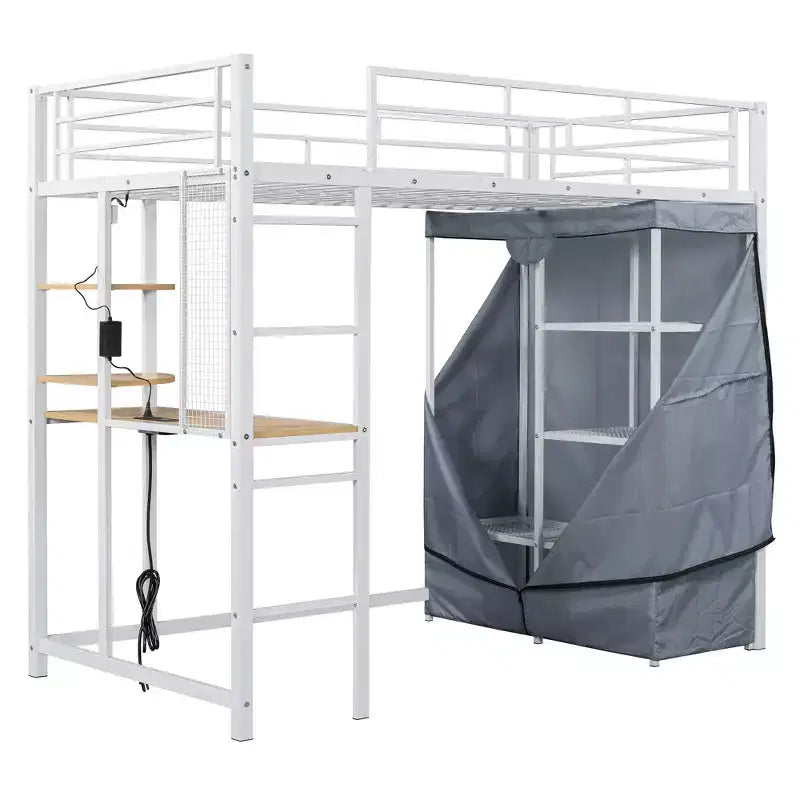 Letto a soppalco in metallo con armadio, scrivania, scaffali, presa di corrente e luce a LED