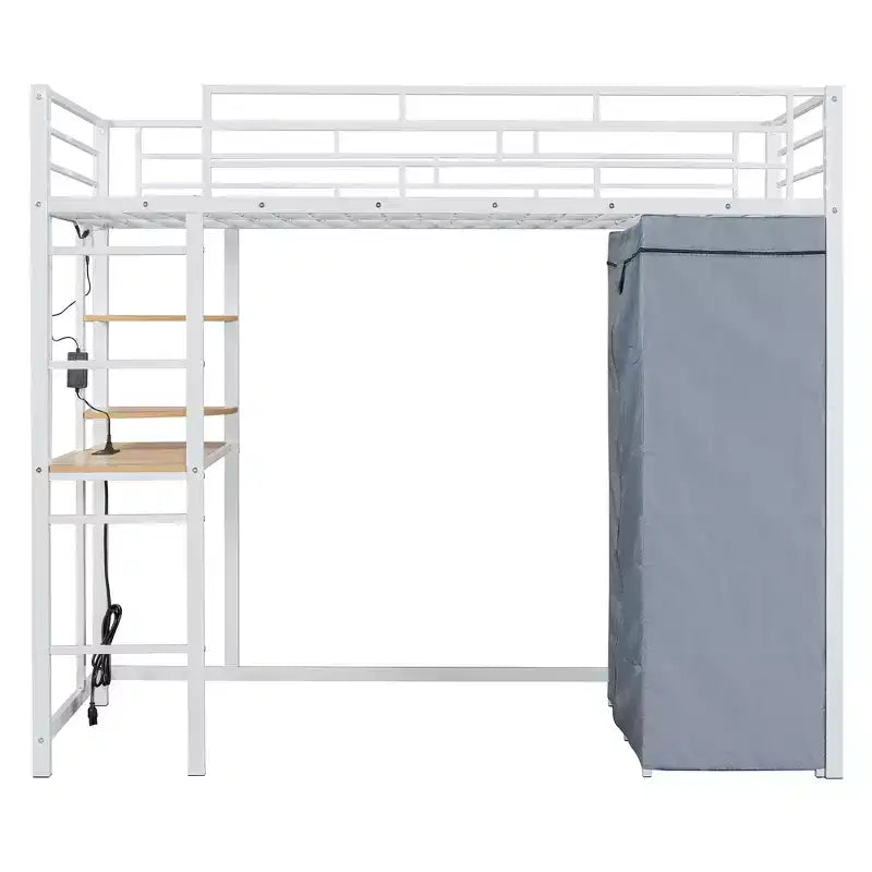 Letto a soppalco in metallo con armadio, scrivania, scaffali, presa di corrente e luce a LED