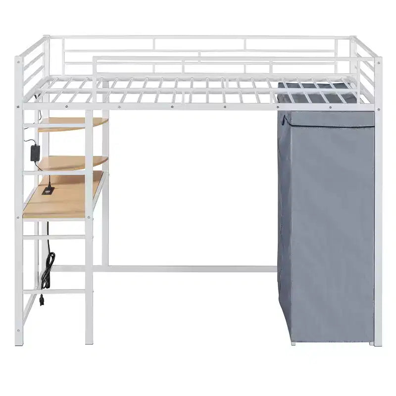 Letto a soppalco in metallo con armadio, scrivania, scaffali, presa di corrente e luce a LED