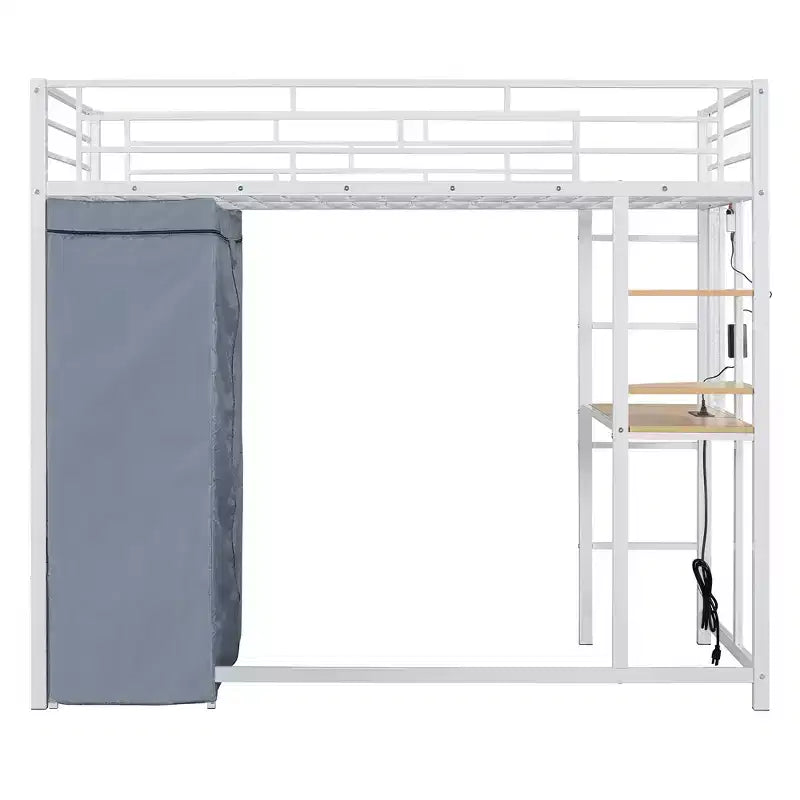 Letto a soppalco in metallo con armadio, scrivania, scaffali, presa di corrente e luce a LED