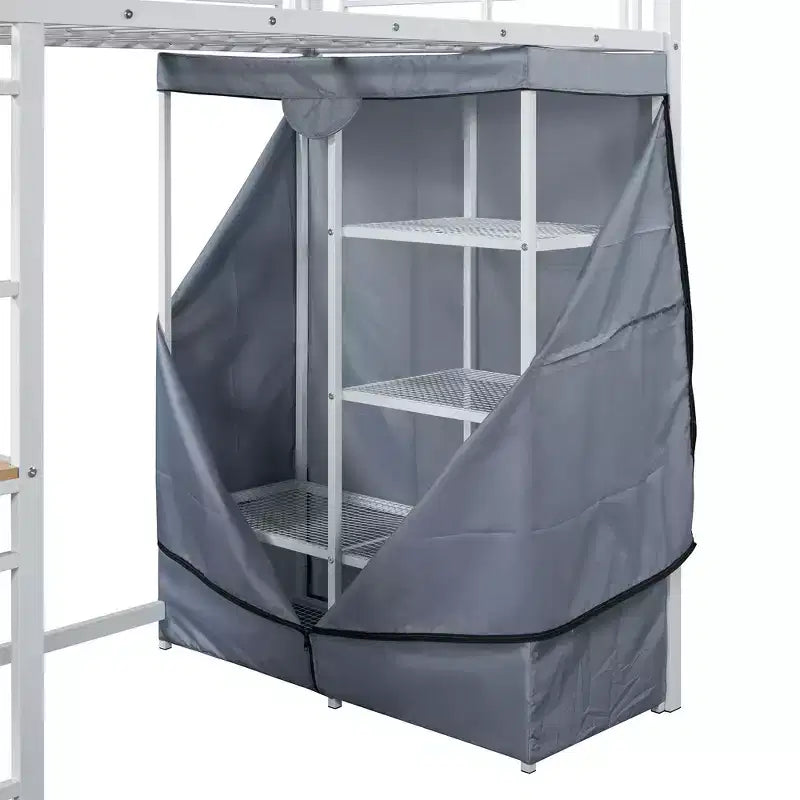 Letto a soppalco in metallo con armadio, scrivania, scaffali, presa di corrente e luce a LED