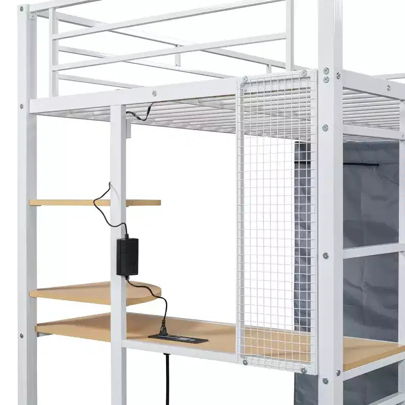 Letto a soppalco in metallo con armadio, scrivania, scaffali, presa di corrente e luce a LED