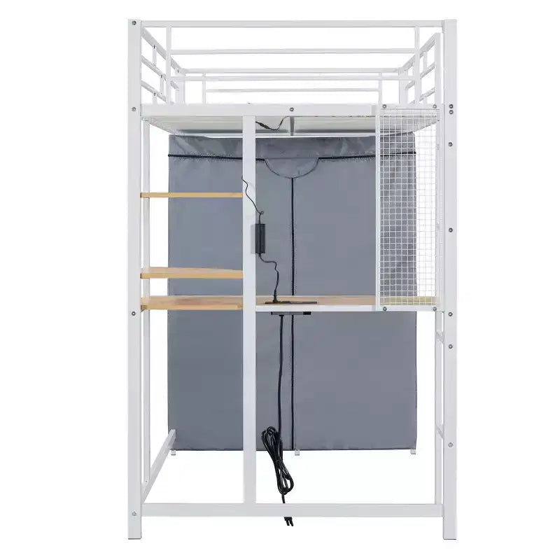 Letto a soppalco in metallo con armadio, scrivania, scaffali, presa di corrente e luce a LED