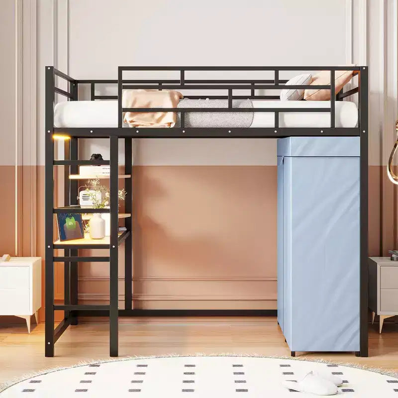 Letto a soppalco in metallo con armadio, scrivania, scaffali, presa di corrente e luce a LED