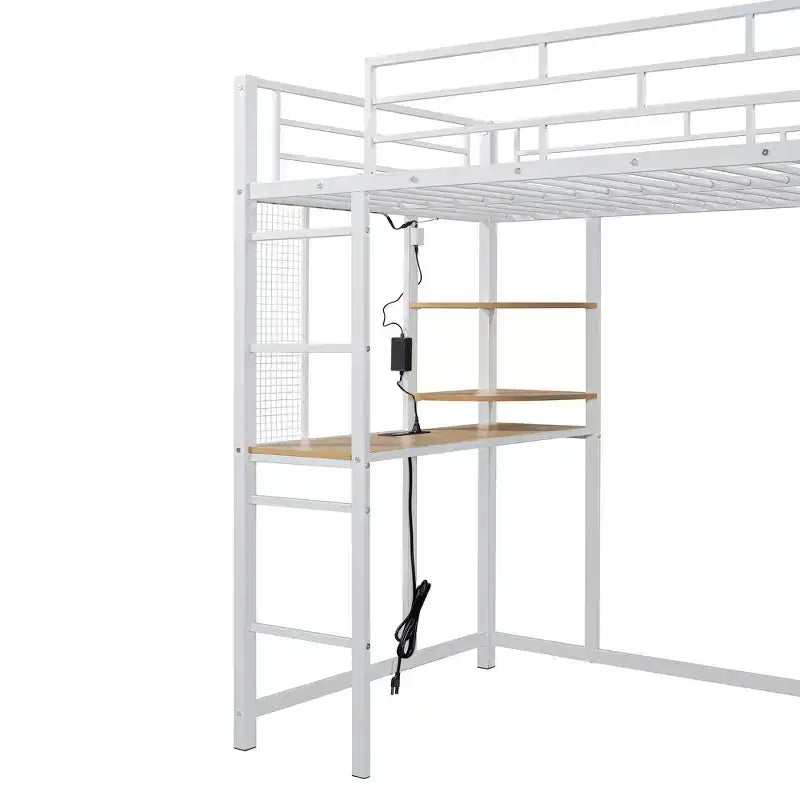 Letto a soppalco in metallo con armadio, scrivania, scaffali, presa di corrente e luce a LED