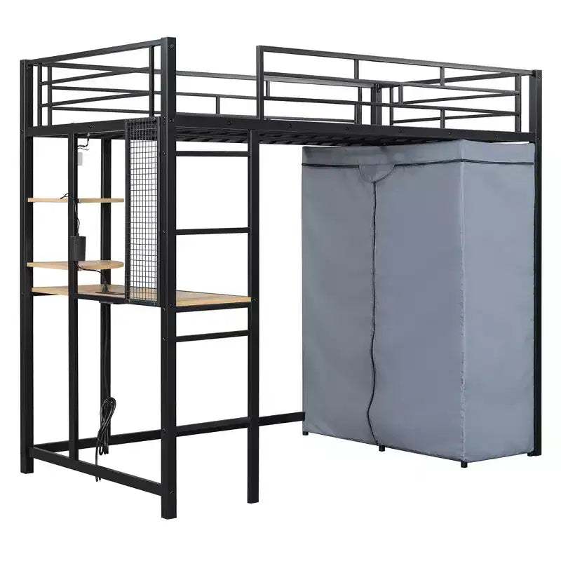 Letto a soppalco in metallo con armadio, scrivania, scaffali, presa di corrente e luce a LED