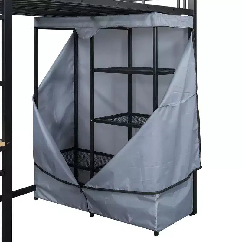 Letto a soppalco in metallo con armadio, scrivania, scaffali, presa di corrente e luce a LED