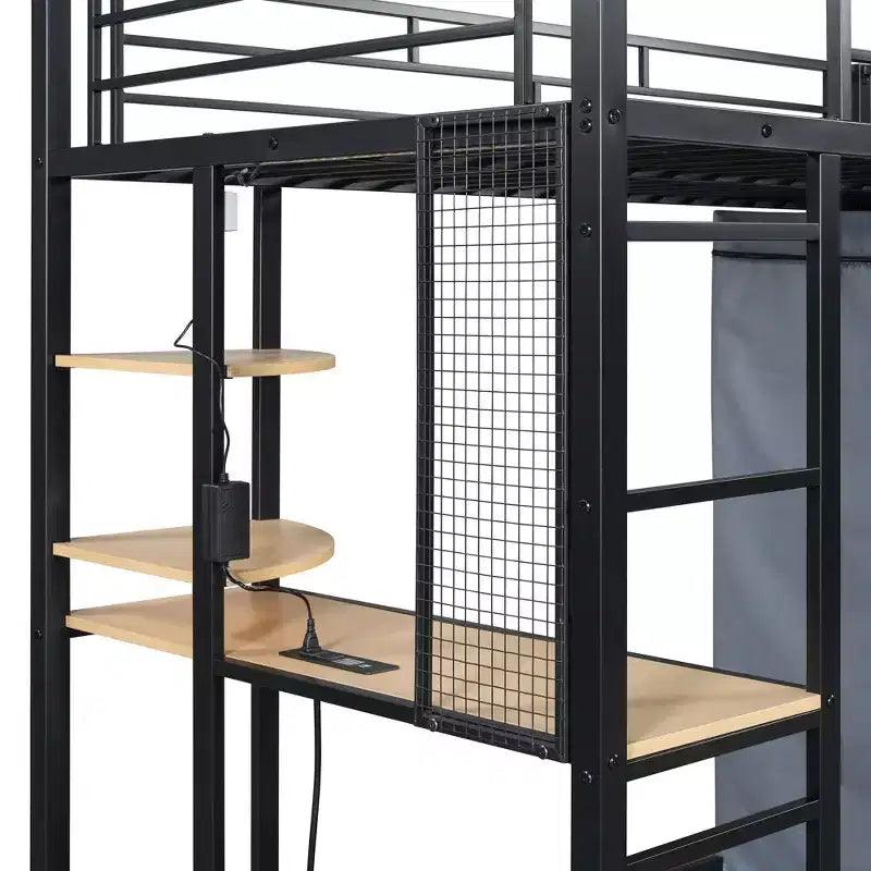 Letto a soppalco in metallo con armadio, scrivania, scaffali, presa di corrente e luce a LED
