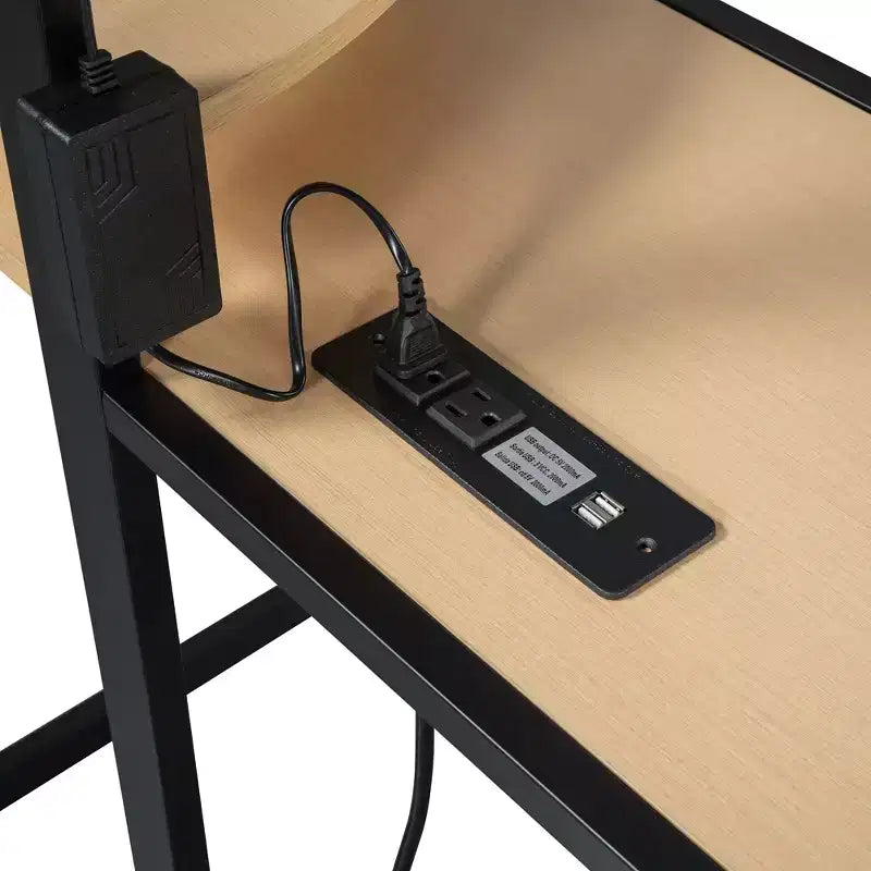 Letto a soppalco in metallo con armadio, scrivania, scaffali, presa di corrente e luce a LED