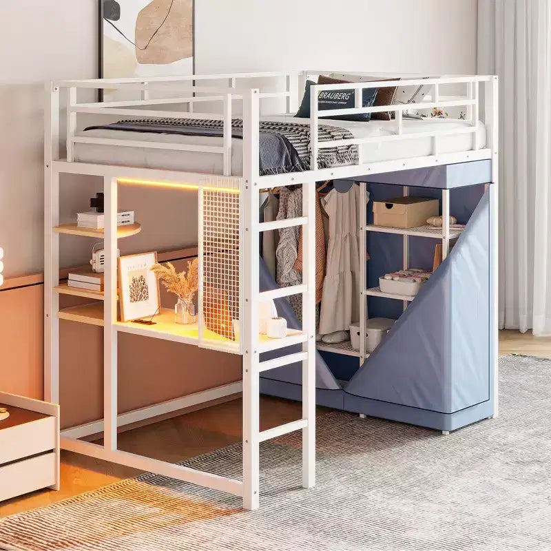 Letto a soppalco in metallo con armadio, scrivania, scaffali, presa di corrente e luce a LED