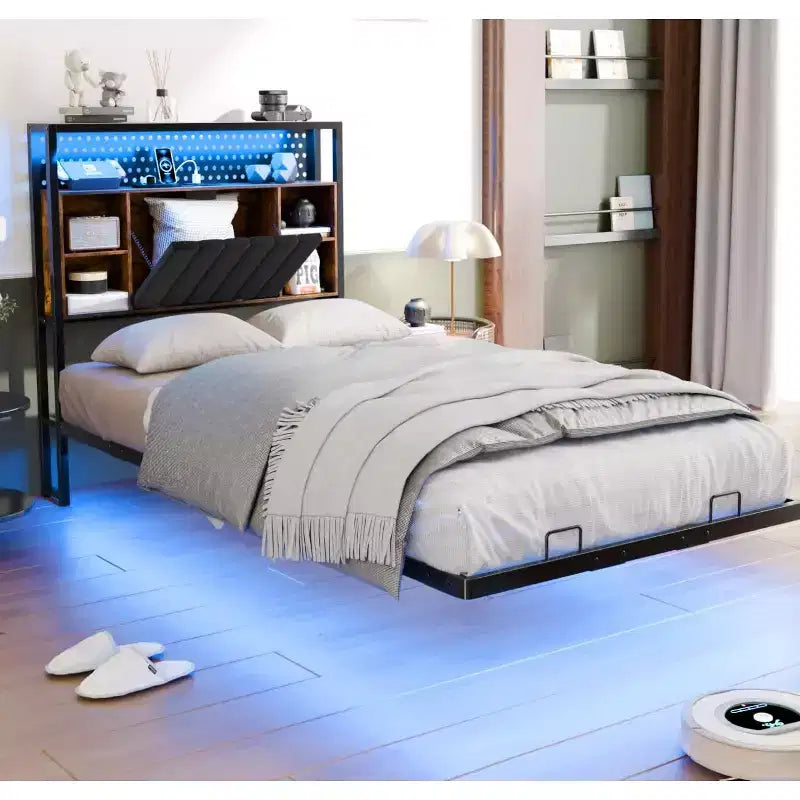 Giroletto Flottante con Luci LED, Stazione di Ricarica, Vano Nascosto e Testiera in Velluto, Non Richiede Rete a Molle, 38,6"A x 39"L x 81,3"P