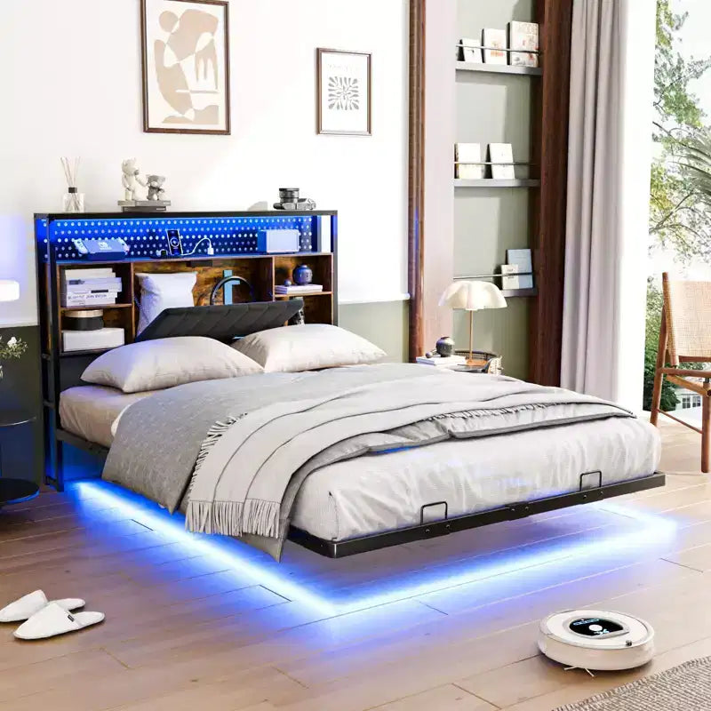 Giroletto Flottante con Luci LED, Stazione di Ricarica, Vano Nascosto e Testiera in Velluto, Non Richiede Rete a Molle, 38,6"A x 39"L x 81,3"P