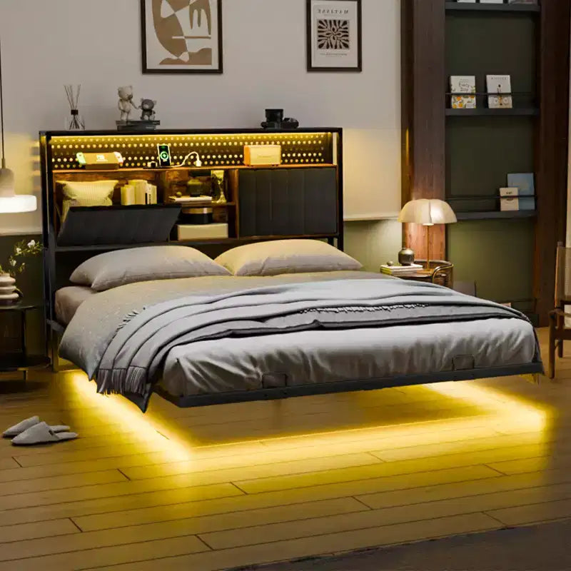 Giroletto Flottante con Luci LED, Stazione di Ricarica, Vano Nascosto e Testiera in Velluto, Non Richiede Rete a Molle, 38,6"A x 39"L x 81,3"P
