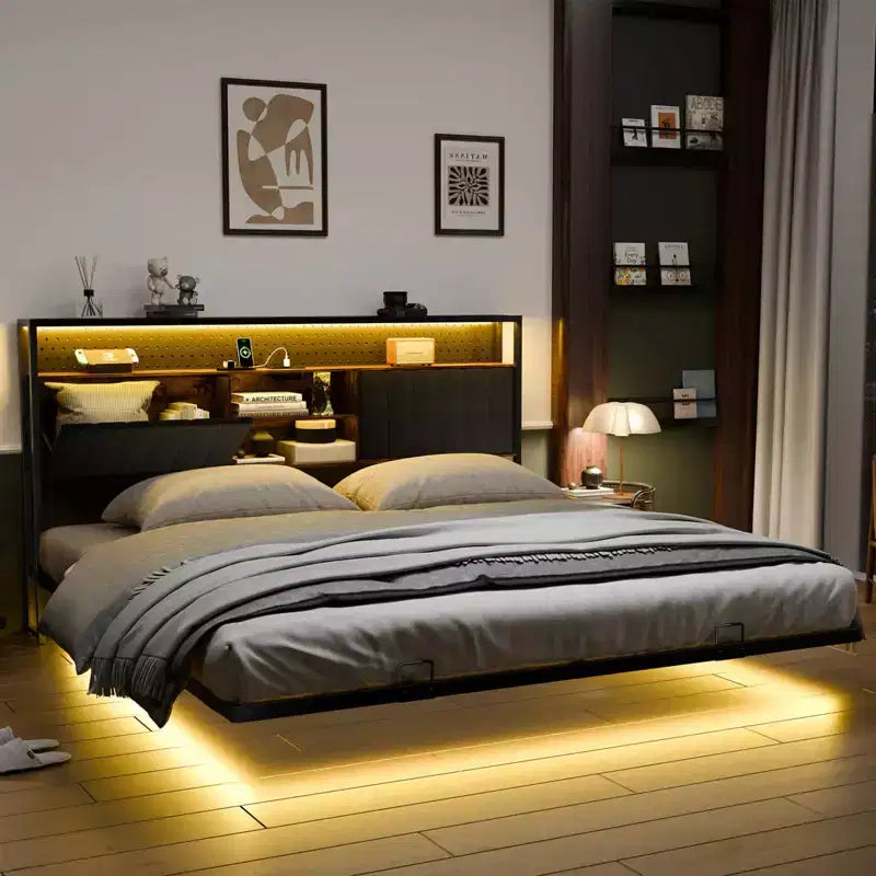 Giroletto Flottante con Luci LED, Stazione di Ricarica, Vano Nascosto e Testiera in Velluto, Non Richiede Rete a Molle, 38,6"A x 39"L x 81,3"P