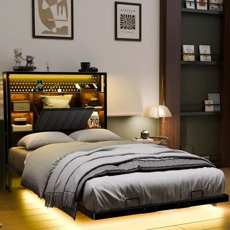 Giroletto Flottante con Luci LED, Stazione di Ricarica, Vano Nascosto e Testiera in Velluto, Non Richiede Rete a Molle, 38,6"A x 39"L x 81,3"P