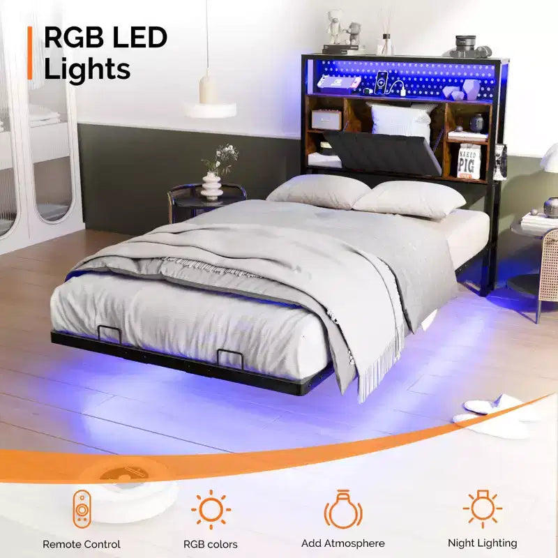 Giroletto Flottante con Luci LED, Stazione di Ricarica, Vano Nascosto e Testiera in Velluto, Non Richiede Rete a Molle, 38,6"A x 39"L x 81,3"P