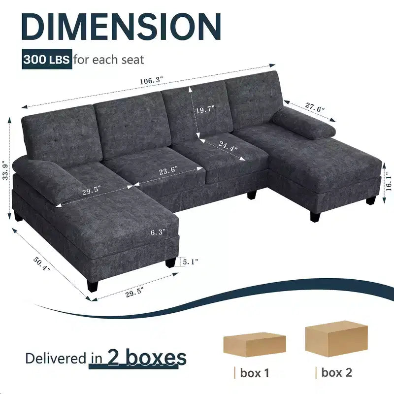 Divano componibile a U da 106" con doppia chaise longue, divano in tessuto a 4 posti, per soggiorno o appartamento