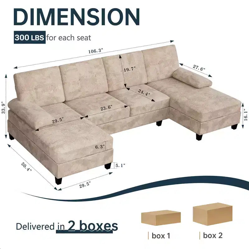 Divano componibile a U da 106" con doppia chaise longue, divano in tessuto a 4 posti, per soggiorno o appartamento