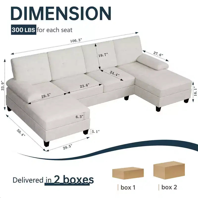 Divano componibile a U da 106" con doppia chaise longue, divano in tessuto a 4 posti, per soggiorno o appartamento