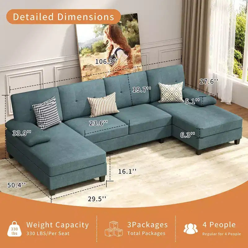 Divano componibile a U da 106" con doppia chaise longue, divano in tessuto a 4 posti, per soggiorno o appartamento