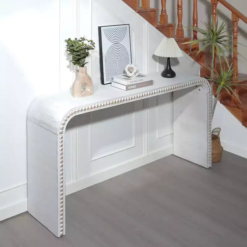 Console da 59" a Cascata con Dettagli in Perline di Legno, Design Minimalista, Bianco, per Ingresso o Soggiorno