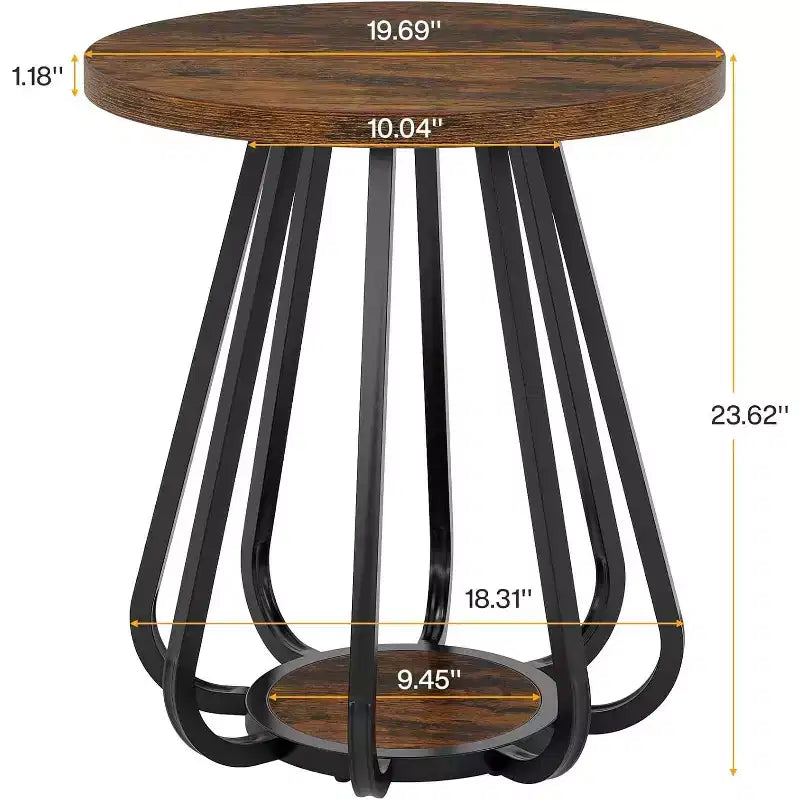 Tavolino Laterale Piccolo Rotondo a 2 Livelli con Struttura in Metallo e Ripiano Inferiore, Marrone Vintage e Nero, per Soggiorno o Camera da Letto