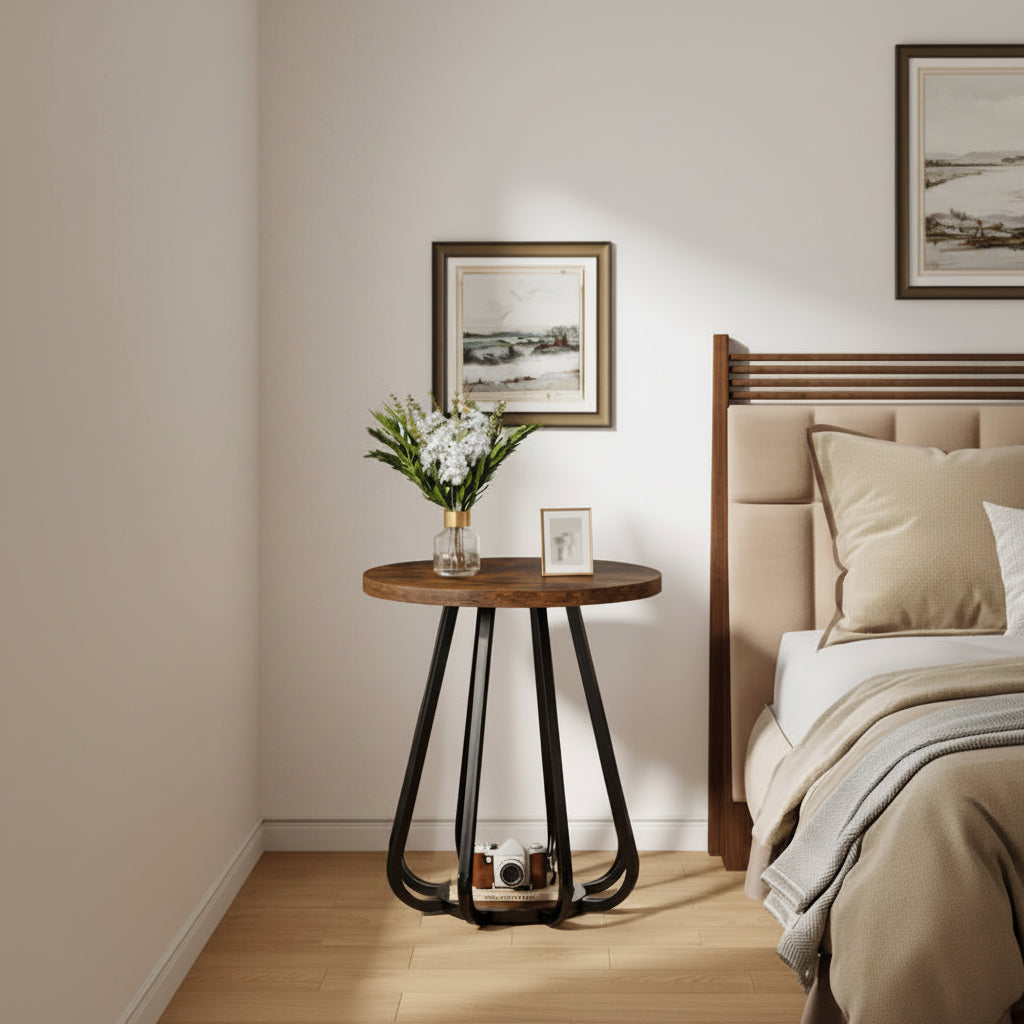 Tavolino Laterale Piccolo Rotondo a 2 Livelli con Struttura in Metallo e Ripiano Inferiore, Marrone Vintage e Nero, per Soggiorno o Camera da Letto
