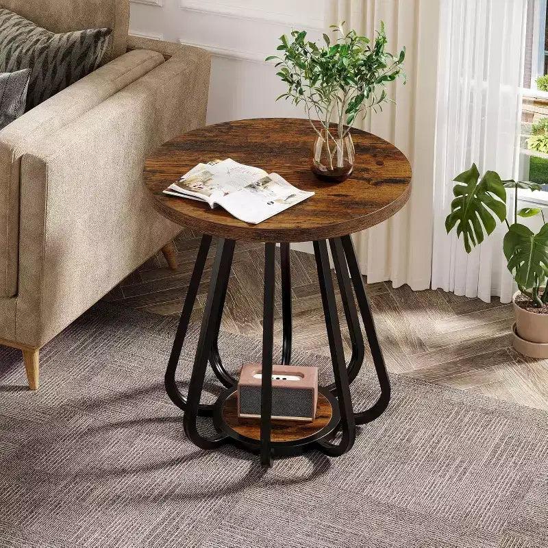Tavolino Laterale Piccolo Rotondo a 2 Livelli con Struttura in Metallo e Ripiano Inferiore, Marrone Vintage e Nero, per Soggiorno o Camera da Letto