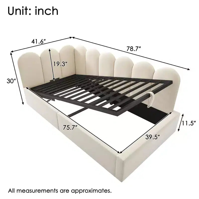 Lettino a due piazze imbottito con contenitore idraulico e telaio a doghe in metallo, 76,2 cm H x 199,9 cm L x 105,7 cm P