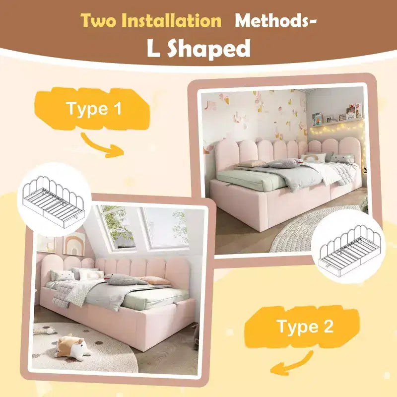 Lettino a due piazze imbottito con contenitore idraulico e telaio a doghe in metallo, 76,2 cm H x 199,9 cm L x 105,7 cm P