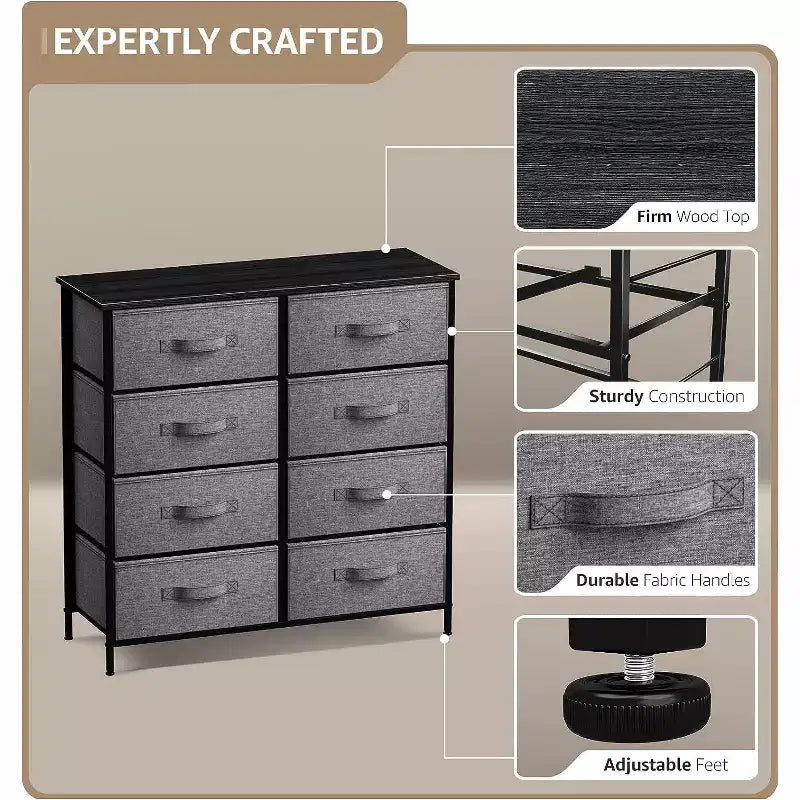 Comodino a 8 cassetti con struttura in acciaio, piano in legno e contenitori in tessuto, 81 cm (A) x 80 cm (L) x 30 cm (P), per camera da letto o armadio