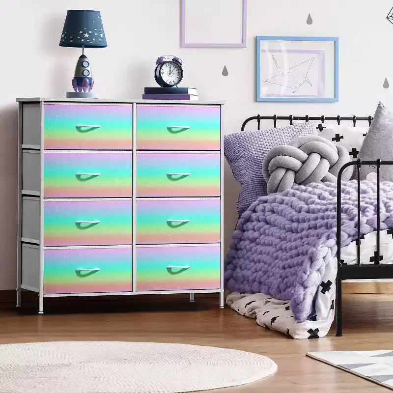 Comodino a 8 cassetti con struttura in acciaio, piano in legno e contenitori in tessuto, 81 cm (A) x 80 cm (L) x 30 cm (P), per camera da letto o armadio