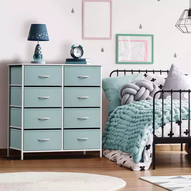 Comodino a 8 cassetti con struttura in acciaio, piano in legno e contenitori in tessuto, 81 cm (A) x 80 cm (L) x 30 cm (P), per camera da letto o armadio