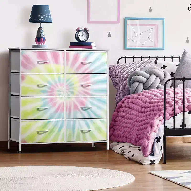 Comodino a 8 cassetti con struttura in acciaio, piano in legno e contenitori in tessuto, 81 cm (A) x 80 cm (L) x 30 cm (P), per camera da letto o armadio