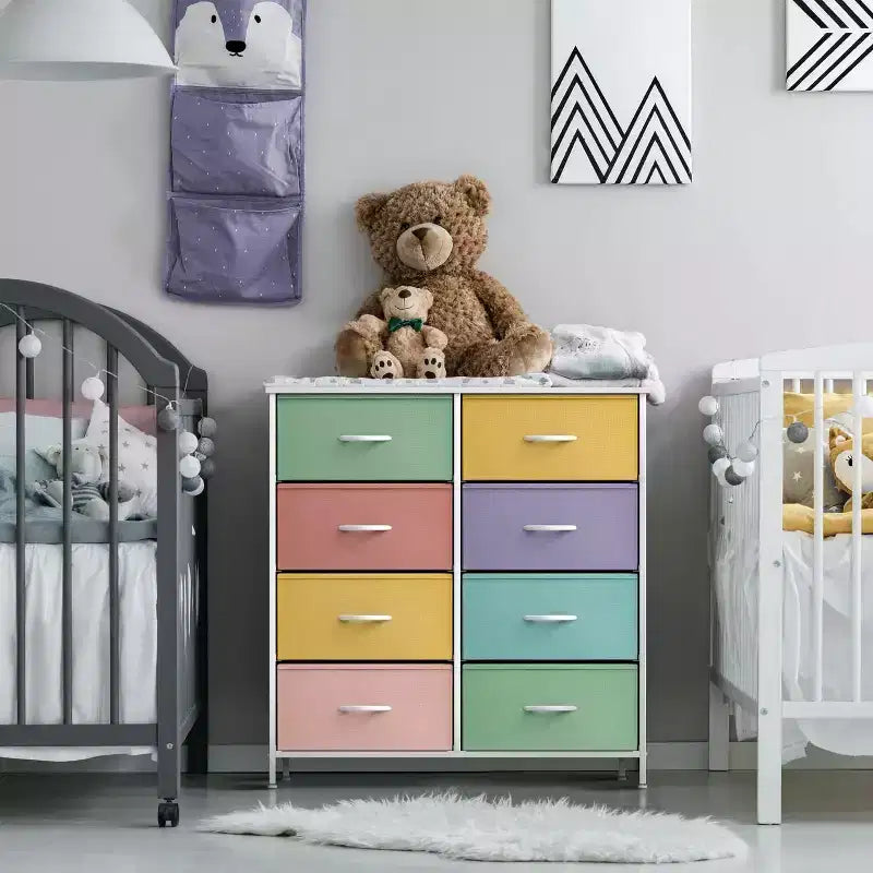 Comodino a 8 cassetti con struttura in acciaio, piano in legno e contenitori in tessuto, 81 cm (A) x 80 cm (L) x 30 cm (P), per camera da letto o armadio