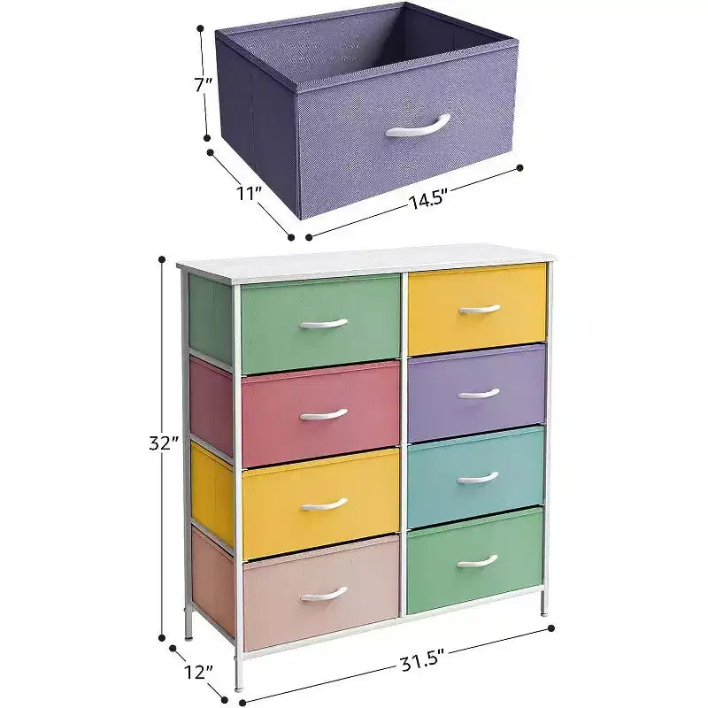 Comodino a 8 cassetti con struttura in acciaio, piano in legno e contenitori in tessuto, 81 cm (A) x 80 cm (L) x 30 cm (P), per camera da letto o armadio