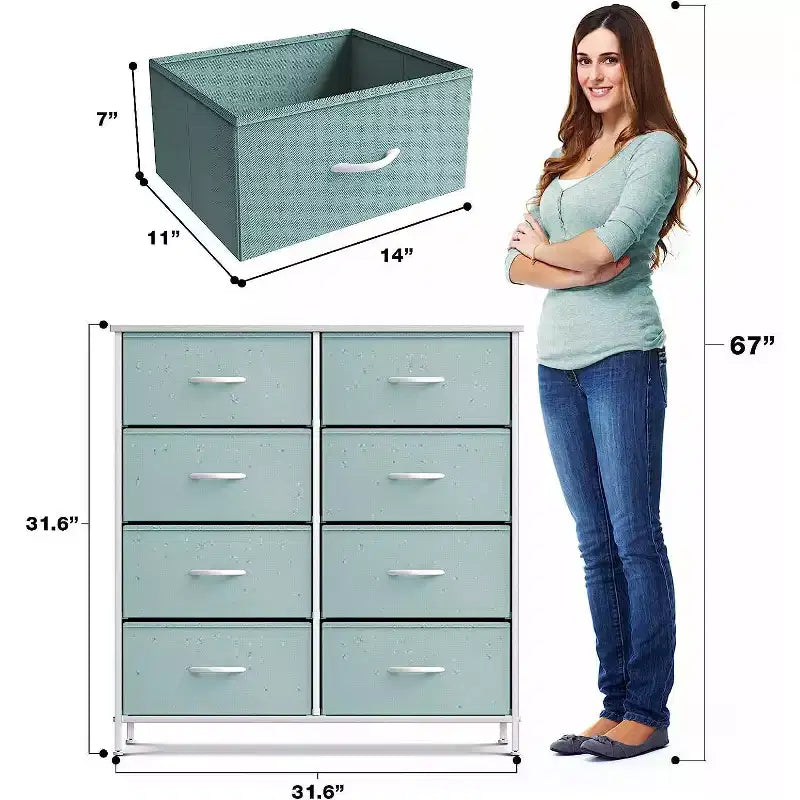 Comodino a 8 cassetti con struttura in acciaio, piano in legno e contenitori in tessuto, 81 cm (A) x 80 cm (L) x 30 cm (P), per camera da letto o armadio