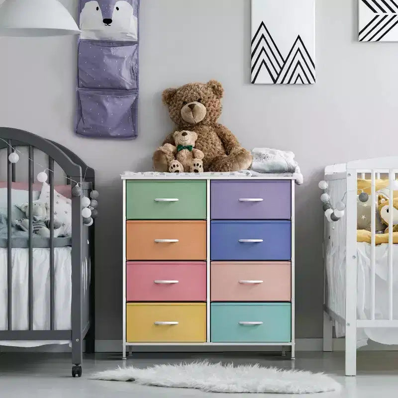 Comodino a 8 cassetti con struttura in acciaio, piano in legno e contenitori in tessuto, 81 cm (A) x 80 cm (L) x 30 cm (P), per camera da letto o armadio