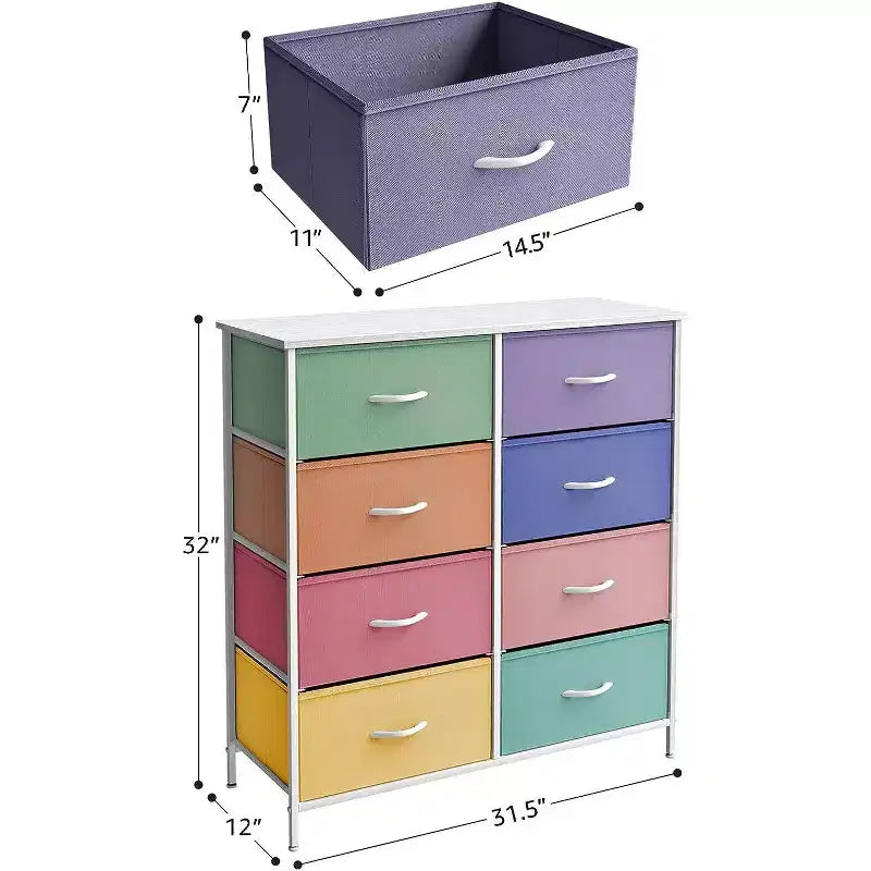 Comodino a 8 cassetti con struttura in acciaio, piano in legno e contenitori in tessuto, 81 cm (A) x 80 cm (L) x 30 cm (P), per camera da letto o armadio