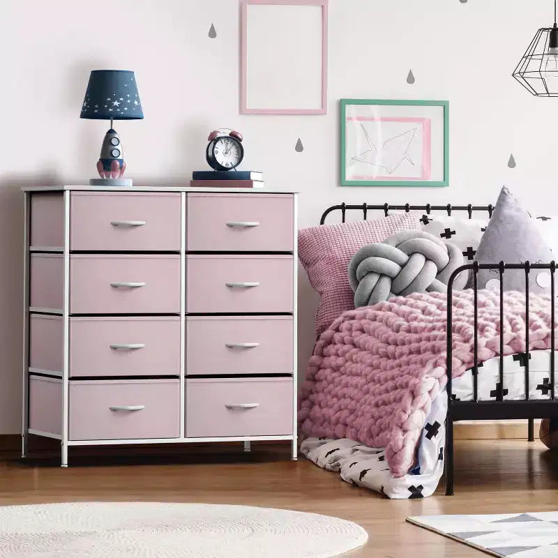 Comodino a 8 cassetti con struttura in acciaio, piano in legno e contenitori in tessuto, 81 cm (A) x 80 cm (L) x 30 cm (P), per camera da letto o armadio