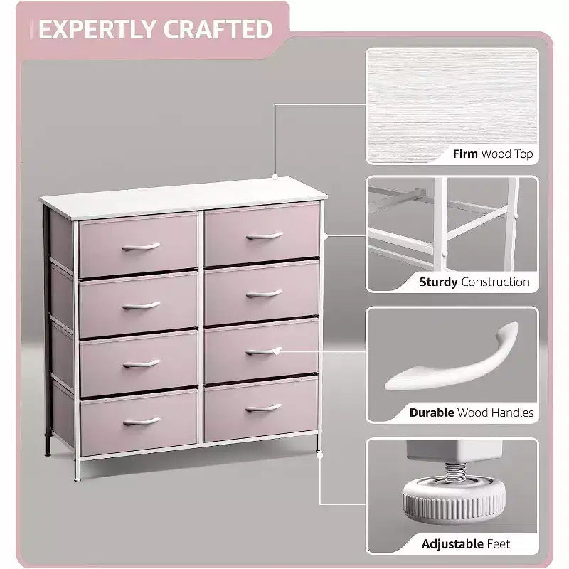 Comodino a 8 cassetti con struttura in acciaio, piano in legno e contenitori in tessuto, 81 cm (A) x 80 cm (L) x 30 cm (P), per camera da letto o armadio