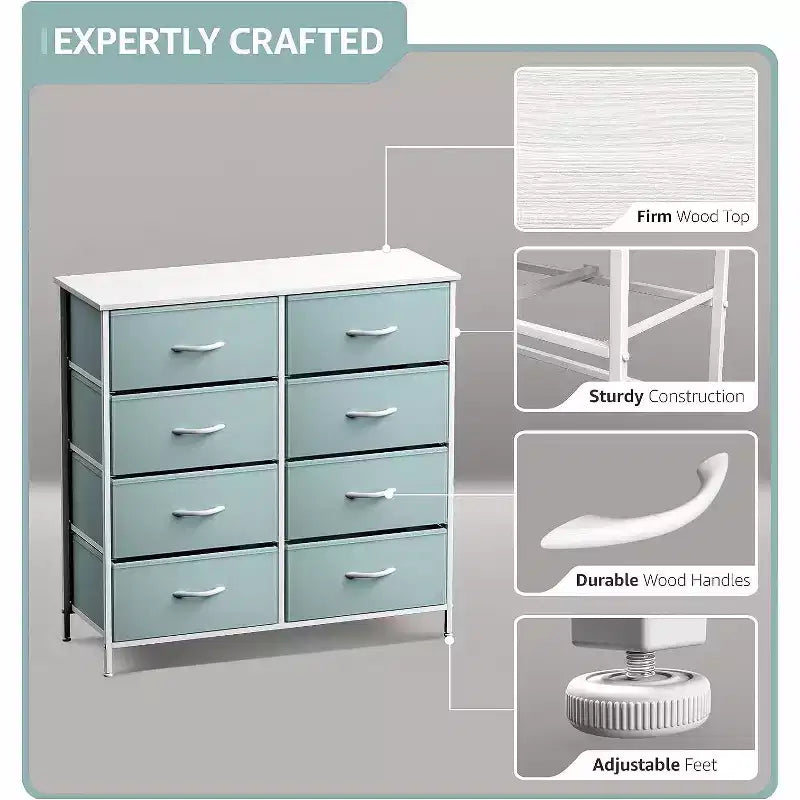 Comodino a 8 cassetti con struttura in acciaio, piano in legno e contenitori in tessuto, 81 cm (A) x 80 cm (L) x 30 cm (P), per camera da letto o armadio