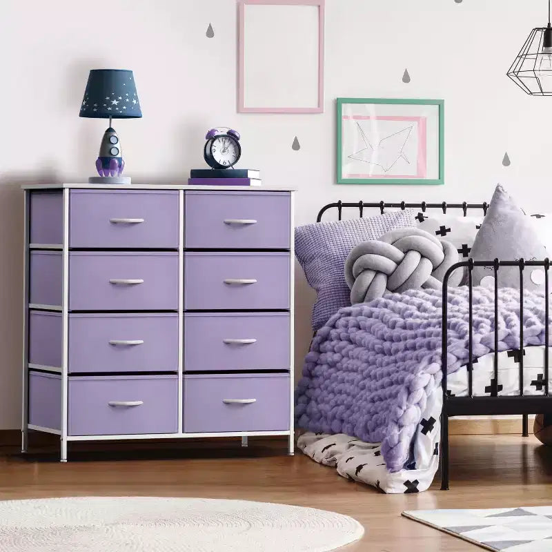 Comodino a 8 cassetti con struttura in acciaio, piano in legno e contenitori in tessuto, 81 cm (A) x 80 cm (L) x 30 cm (P), per camera da letto o armadio