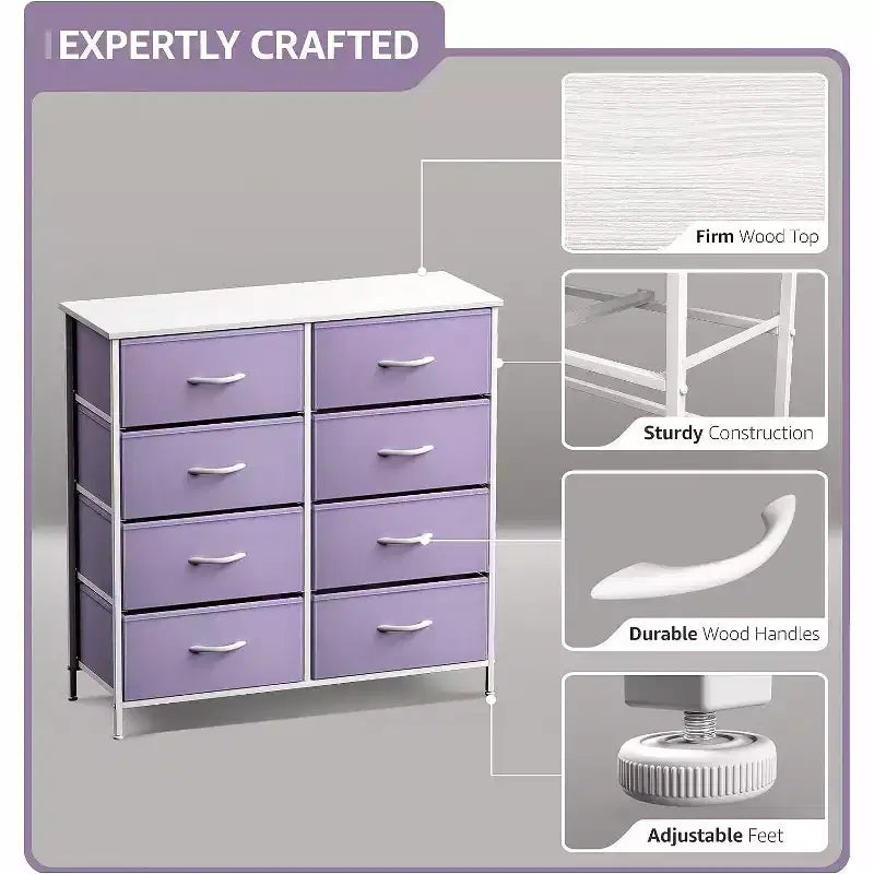 Comodino a 8 cassetti con struttura in acciaio, piano in legno e contenitori in tessuto, 81 cm (A) x 80 cm (L) x 30 cm (P), per camera da letto o armadio